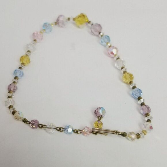 Vintage Colorful Glass Beaded Necklace, Pastel Rainbow Faceted Beads, 14 Inches - Picture 3 of 8